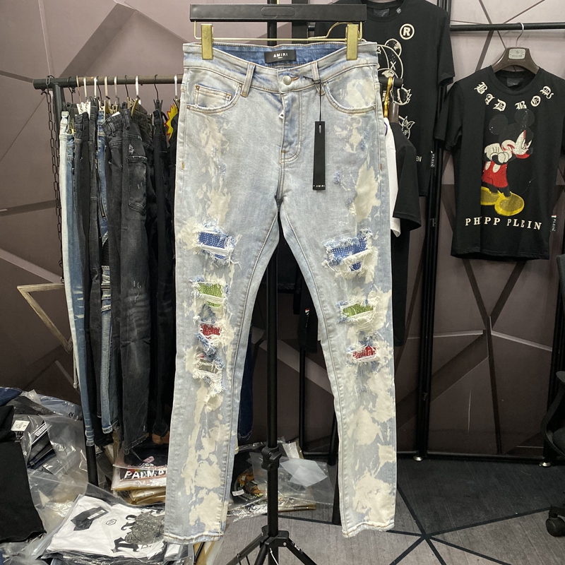 Amiri2020新品彩色烫钻破洞烫钻扎染修身弹力高街潮牌INS牛仔裤男