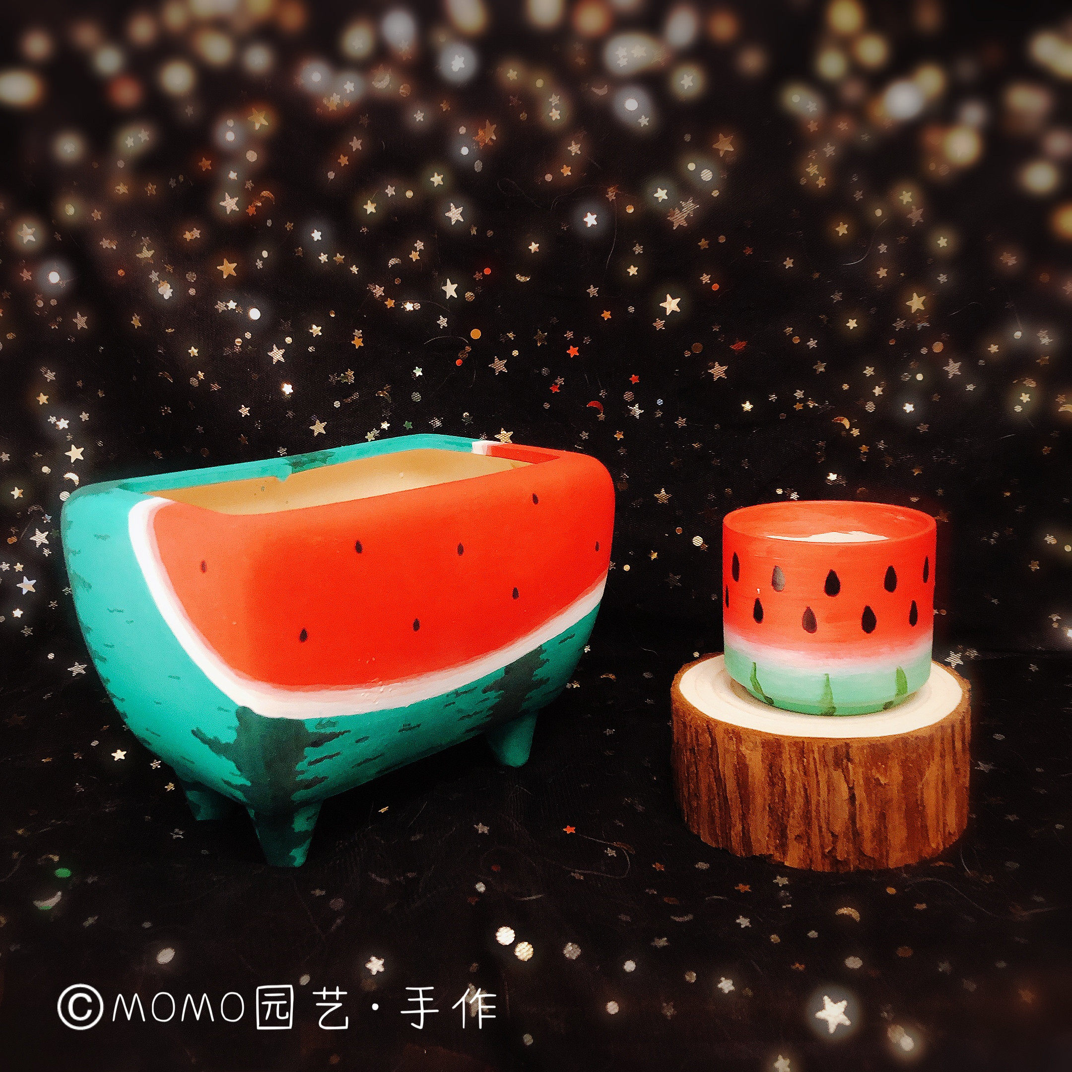 手绘momo园艺手作包卡通可爱西瓜立体粗陶紫砂花盆