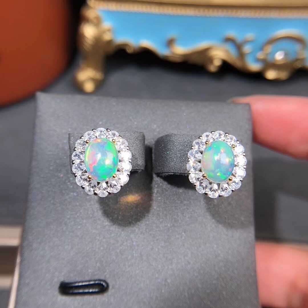 靓丽耳饰欧泊白欧泊耳钉宝石天然纯银8mm耳饰