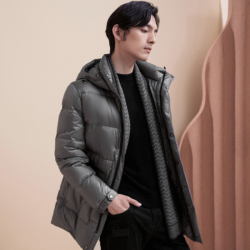 报喜鸟冬季休闲连帽保暖中长羽绒服纯色蓬松鹅绒羽绒服