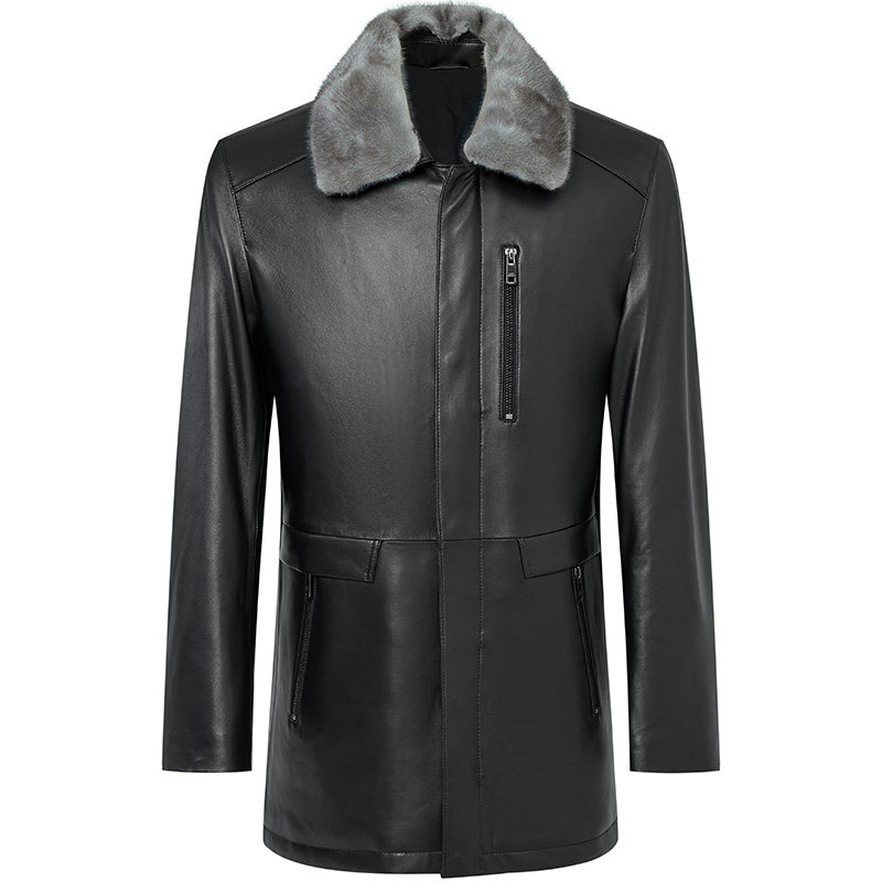 报喜鸟男士中长款水貂毛领皮衣