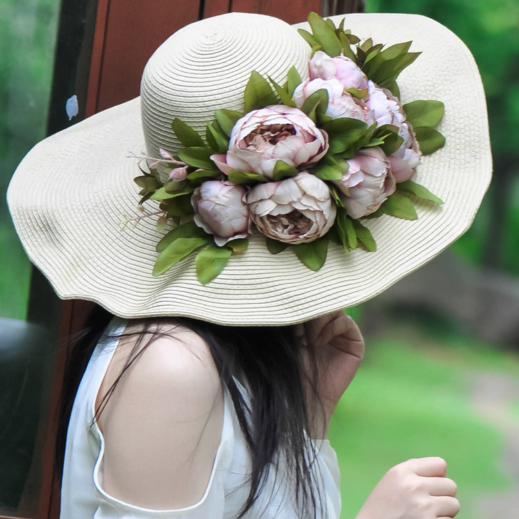 特价包邮2019新款牡丹花朵帽子包包套装出游海边沙滩防晒草编织帽 - 