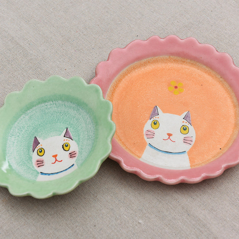 孤品日本进口笠间作家手绘粗陶可爱可爱猫猫咪盘