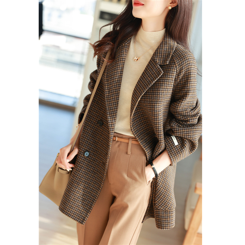 反季特！原500+ 纯手工双面呢羊毛外套小个子西装领格子大衣女