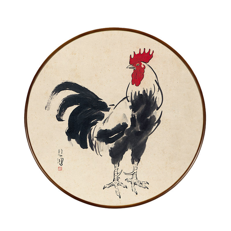 徐悲鸿鸡鸣富贵图客厅装饰画餐厅玄关过道镇宅字画圆形大公鸡国画