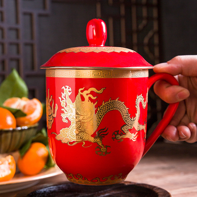 醴陵瓷器中国红瓷陶瓷茶杯大容量情侣结婚喜庆茶杯