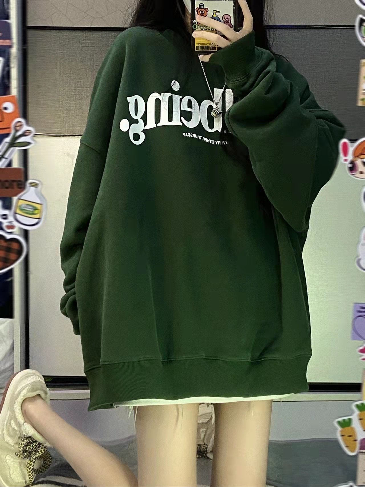 绿色卫衣女加绒加厚2022早春新款韩版宽松圆领卫衣