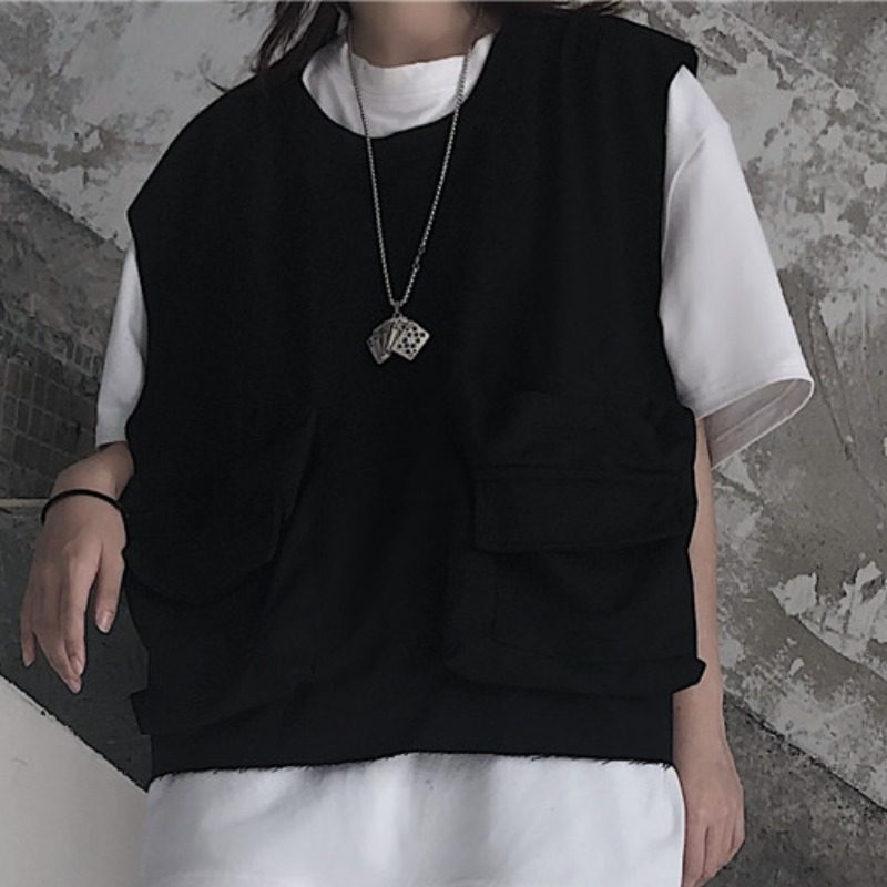 马甲宽松夹背马夹背工装学生上衣无袖圆领外穿马夹