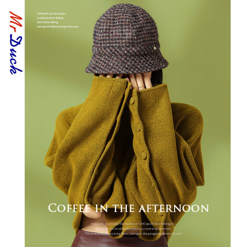 mrduck新品格子显脸小渔夫帽女秋冬复古冷帽女盆帽帽子