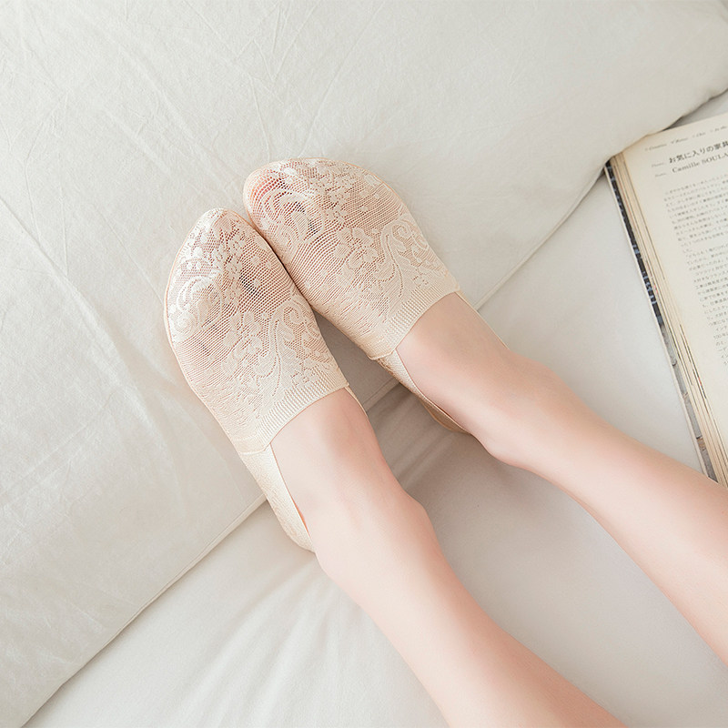 逸米米家5双袜子女短袜纤维可爱蕾丝船袜冰丝短袜