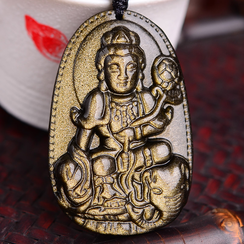 天然黑金曜石普贤菩萨吊坠生肖龙蛇本命守护神项坠