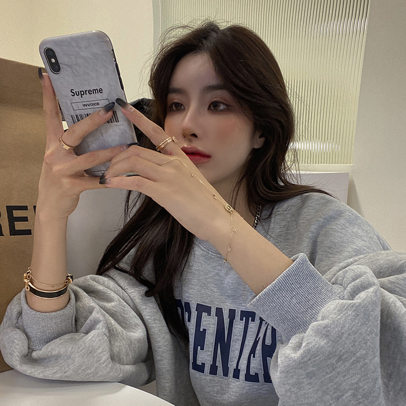 2021秋冬新款潮牌韩版宽松bf慵懒风印花加棉加厚百搭套头圆领卫依