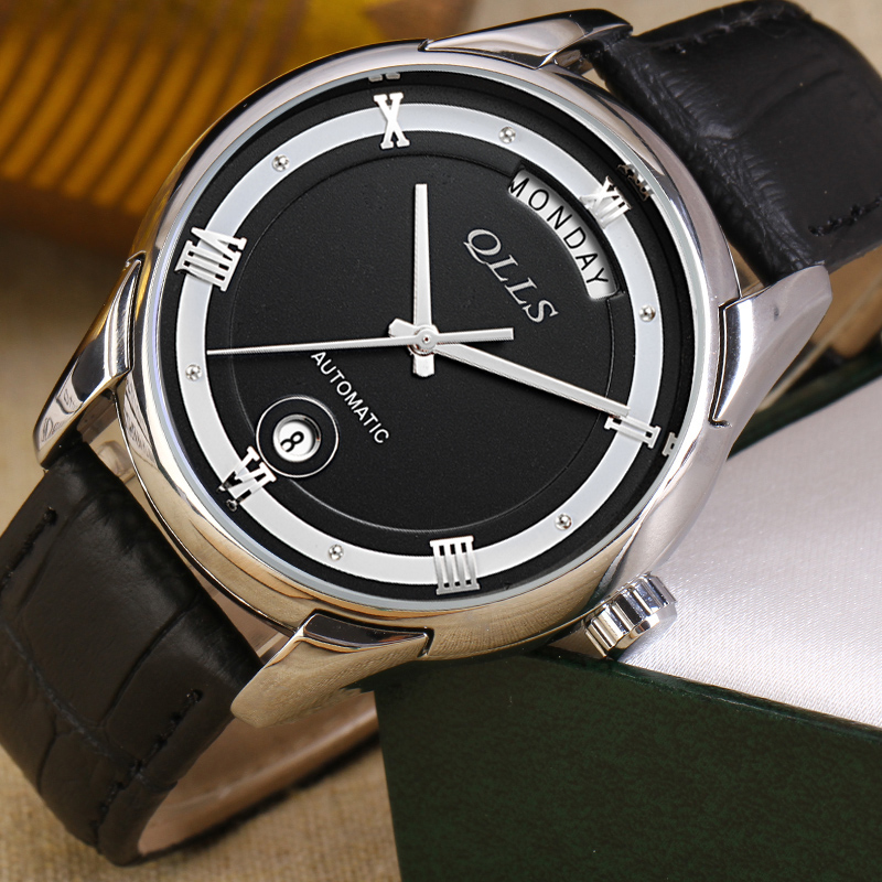 正品QLLS男士机械表全自动防水十大镂空手表带日历奇洛时品牌男表