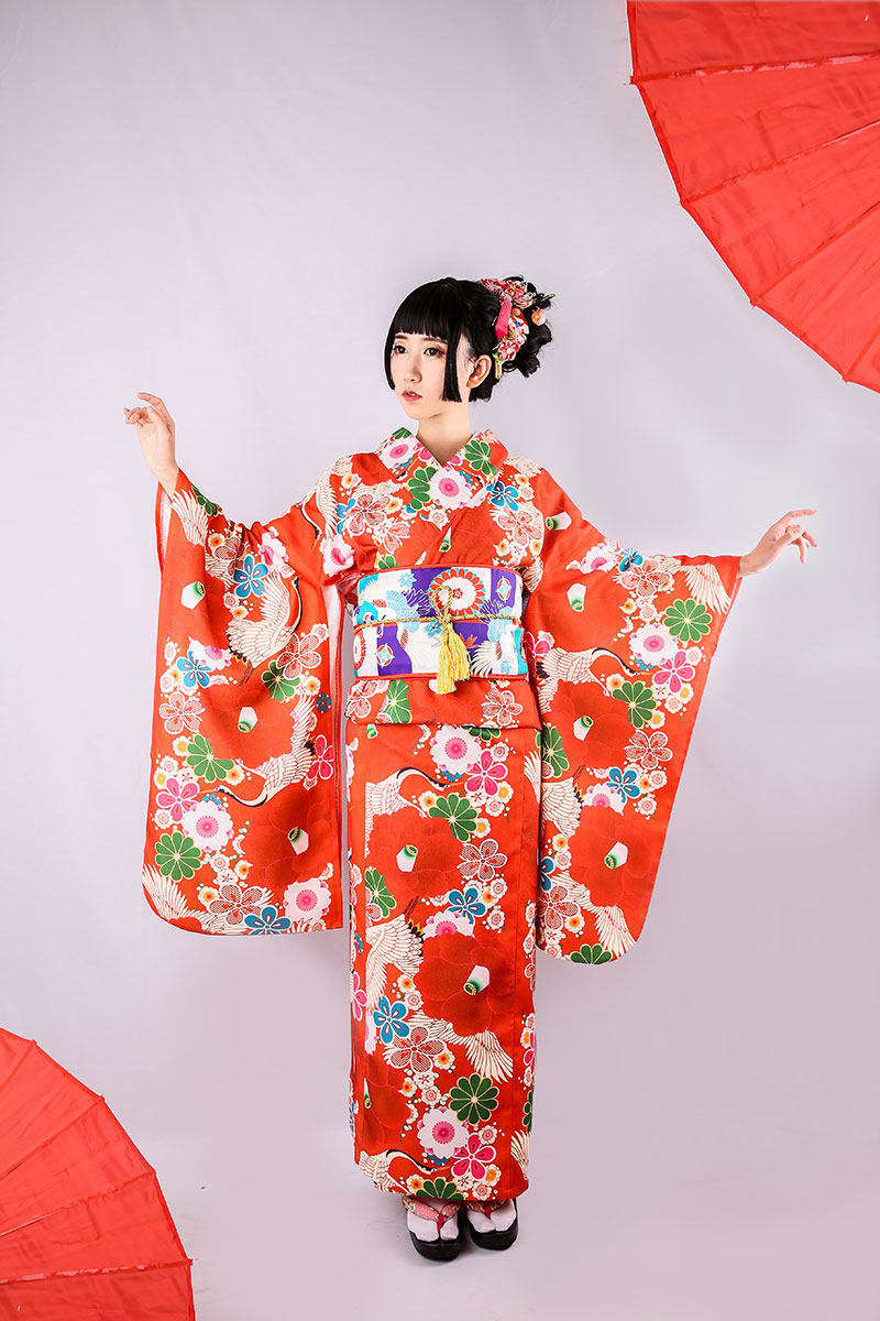 和服现货日本浴衣改良樱花仙鹤振袖正装女涤纶民族服装