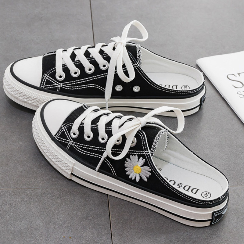 小雏菊半拖帆布布鞋2022夏季新款秋款韩版网红帆布鞋