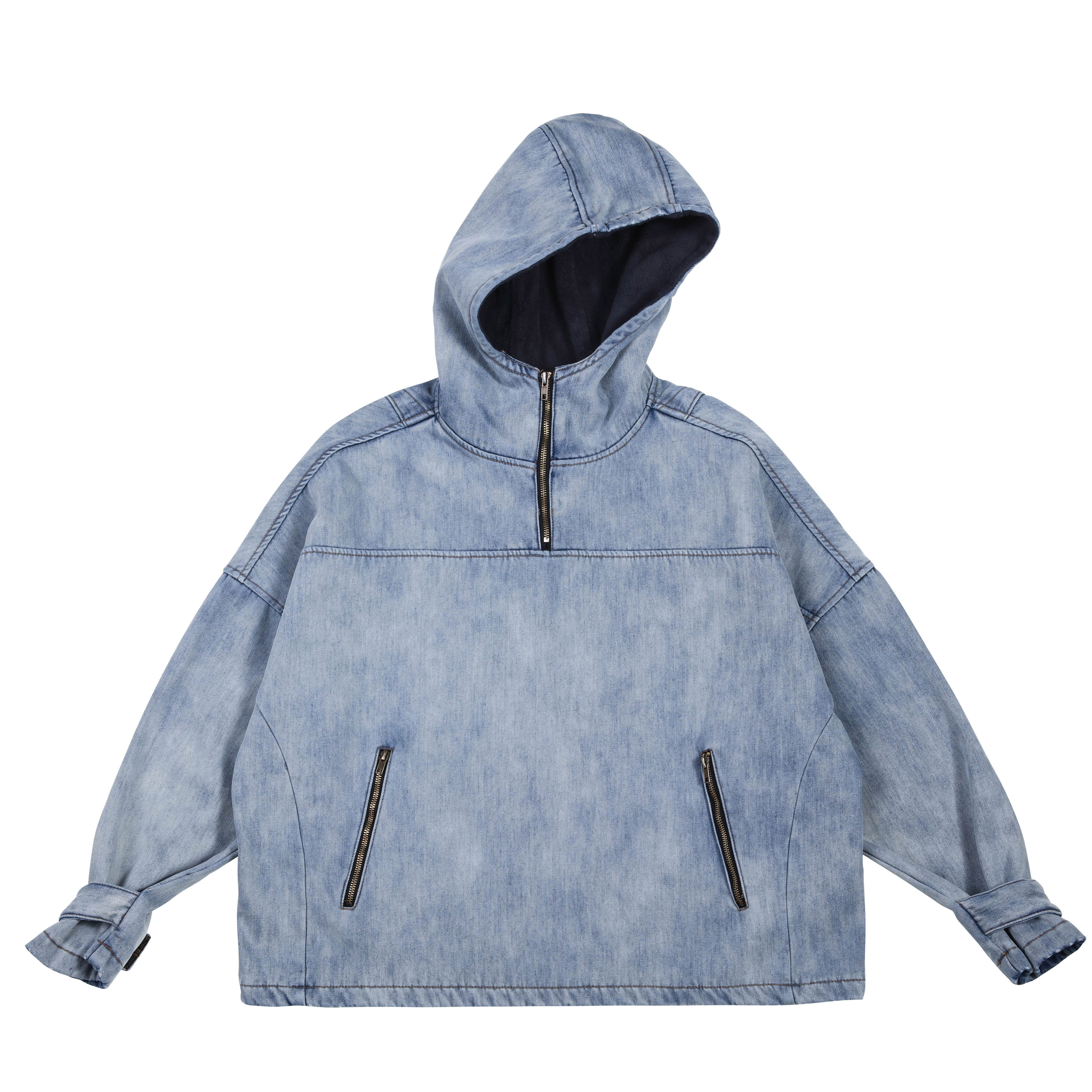 原由潮品ktda秋冬款牛仔卫衣男女加厚连帽冲锋衣半拉链外套情侣潮