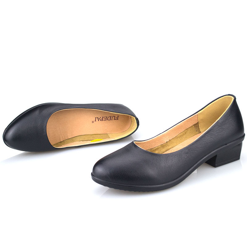 孚德皮鞋春秋新款牛皮女鞋浅口工作鞋圆头单鞋粗单鞋