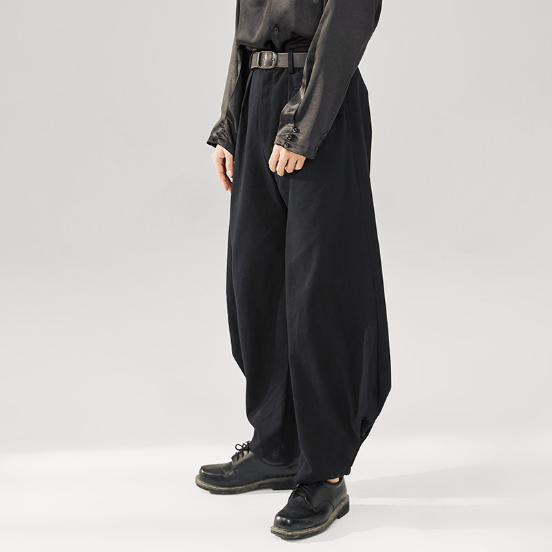 本相织物黑色不规则剑道长裤个性阔腿束脚裤宽松休闲裤