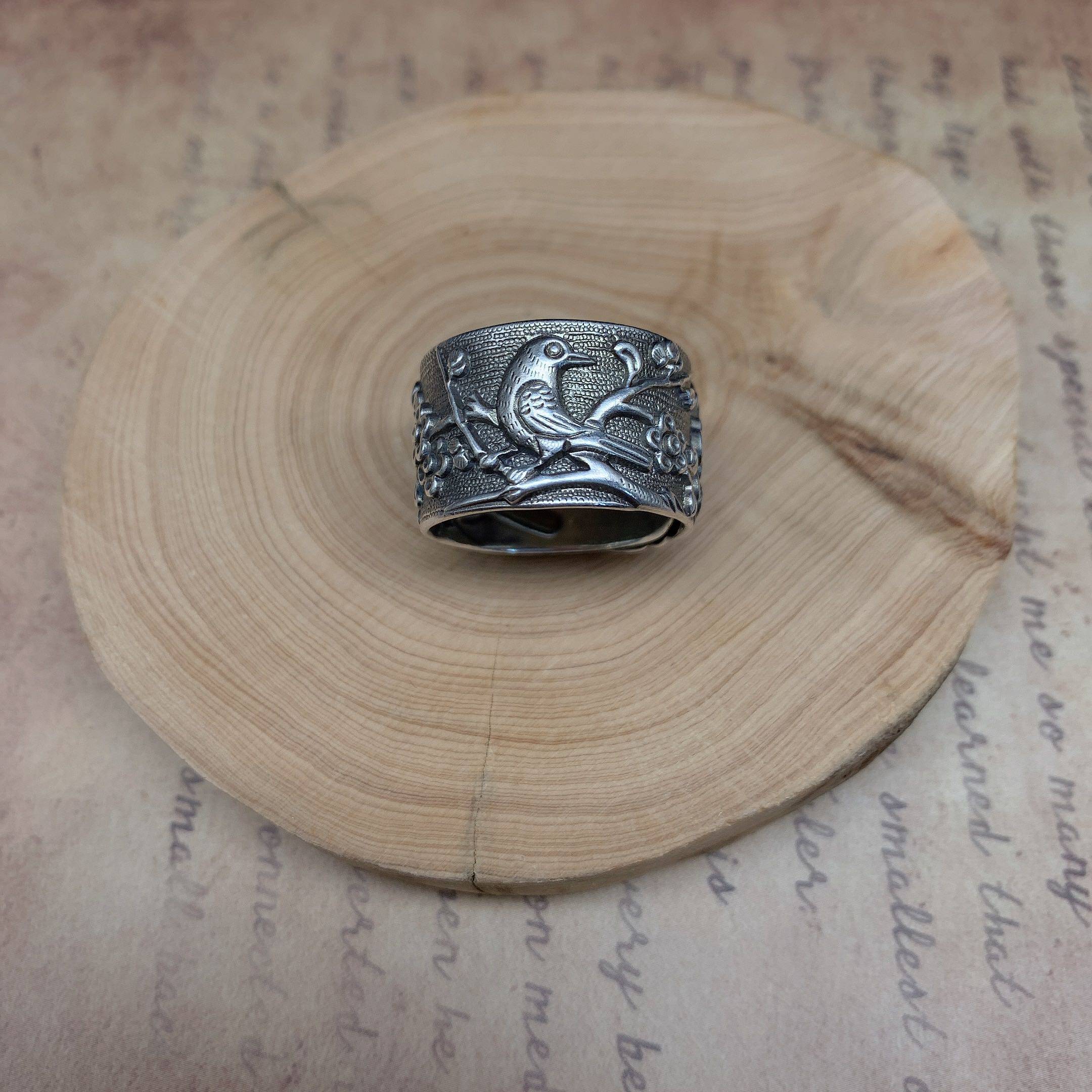 复古黛维国风手工錾刻足银戒指男女银饰指环戒指