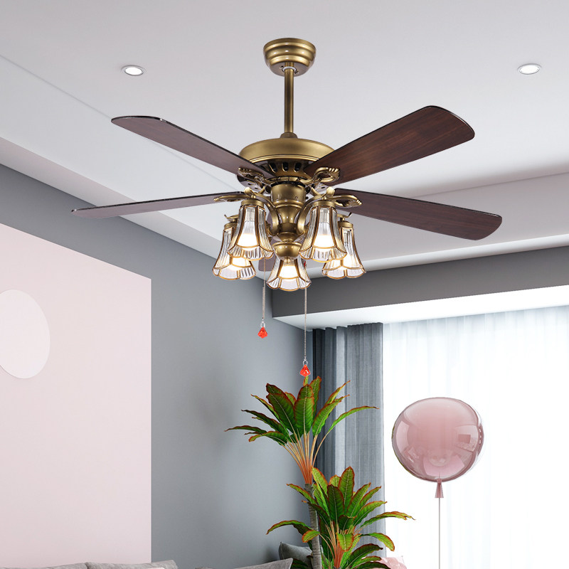 美式吊扇灯客厅餐厅带风扇吊灯复古北欧网红ins家用木叶风扇灯具