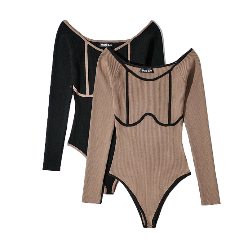 性感露肩一字领撞色针织连体衣女秋季外穿显瘦紧身上衣长袖打底衫