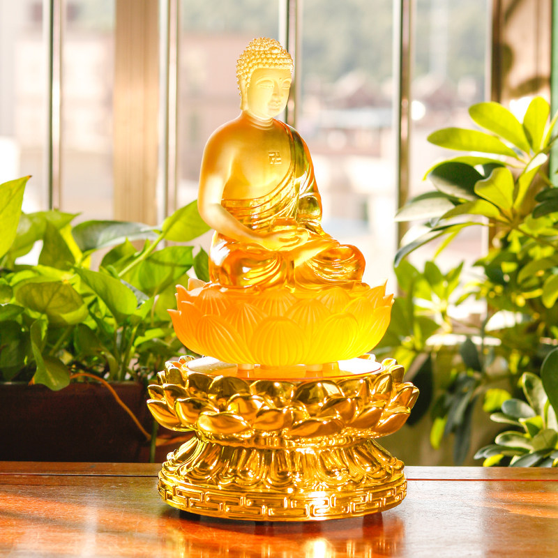 底座佛像莲花花插发声古法琉璃释迦牟尼佛家家居装饰摆件