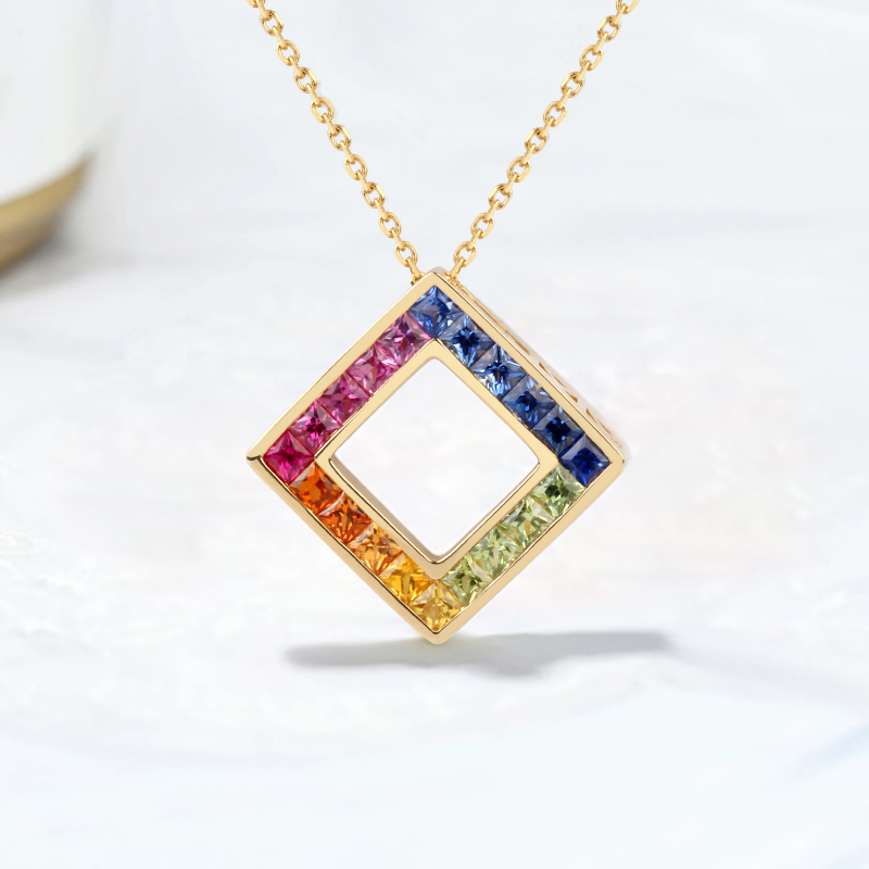 nozbo珠宝新款18k彩色天然蓝宝石方形女士吊坠颈饰