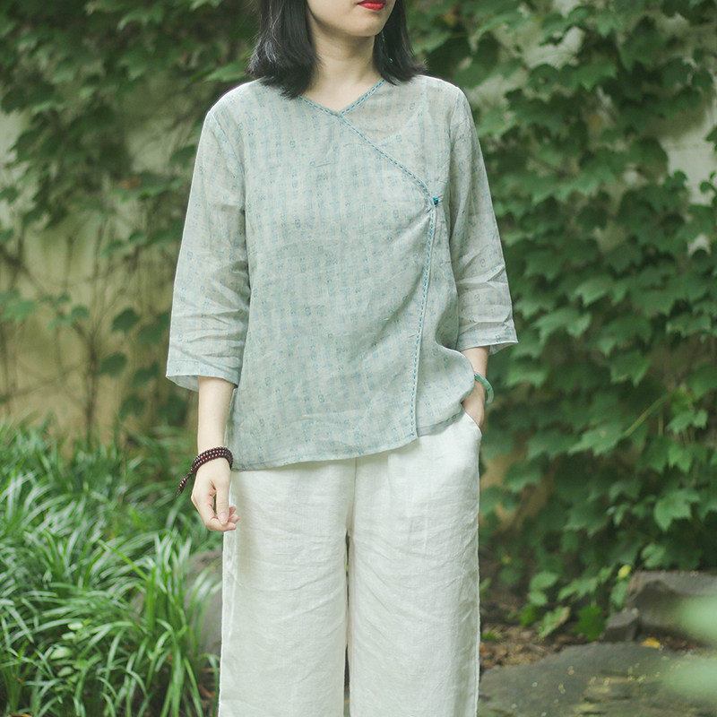 念江南中国风棉麻衬衫女2019新款中式改良短款茶服文艺禅意上衣
