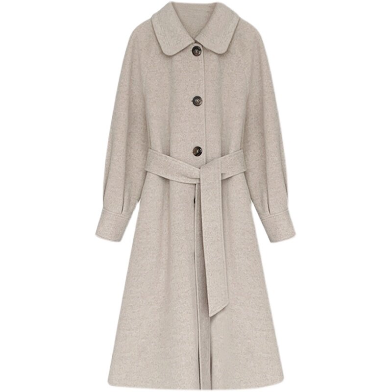 毛呢羊毛杏色驼色系带大衣米色宽松加厚冬季毛呢外套