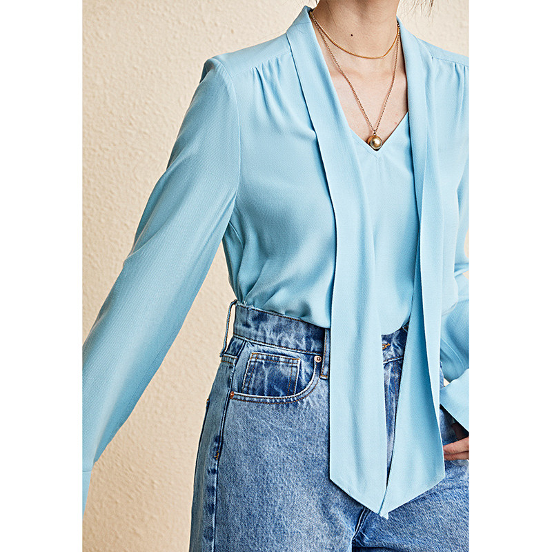 pph飘带上衣衬衫简约通勤捏褶带领宽松新款衬衫