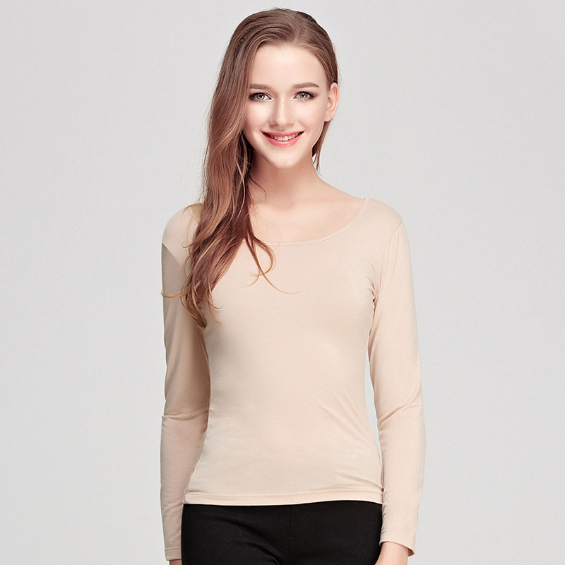 秋冬女士莫代尔薄款保暖内衣大码肤色长袖打底衫超薄大领秋衣上衣