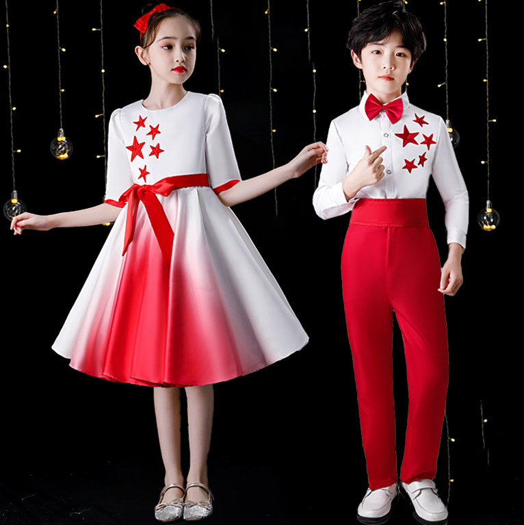 十一女童表演服儿童合唱演出服中小学生诗歌朗诵唱红歌红色礼服新