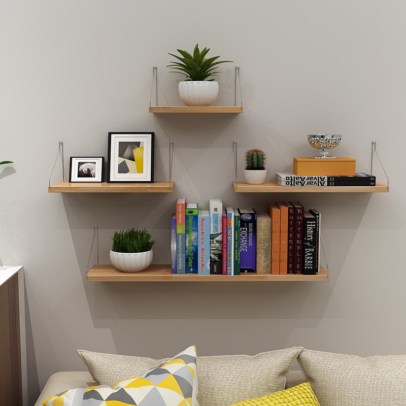 墙上置物架免打孔卧室装饰墙壁挂现代简约一字隔板实木书架储物架
