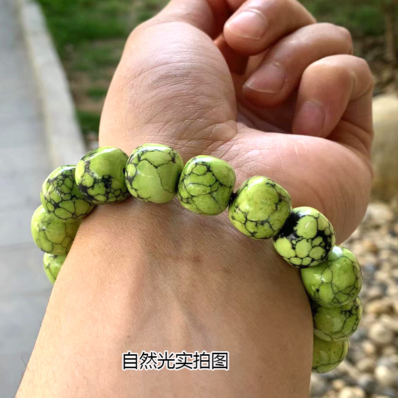 天然绿松松石菜籽黄老型手串男女款军绿高瓷绿黄色手链