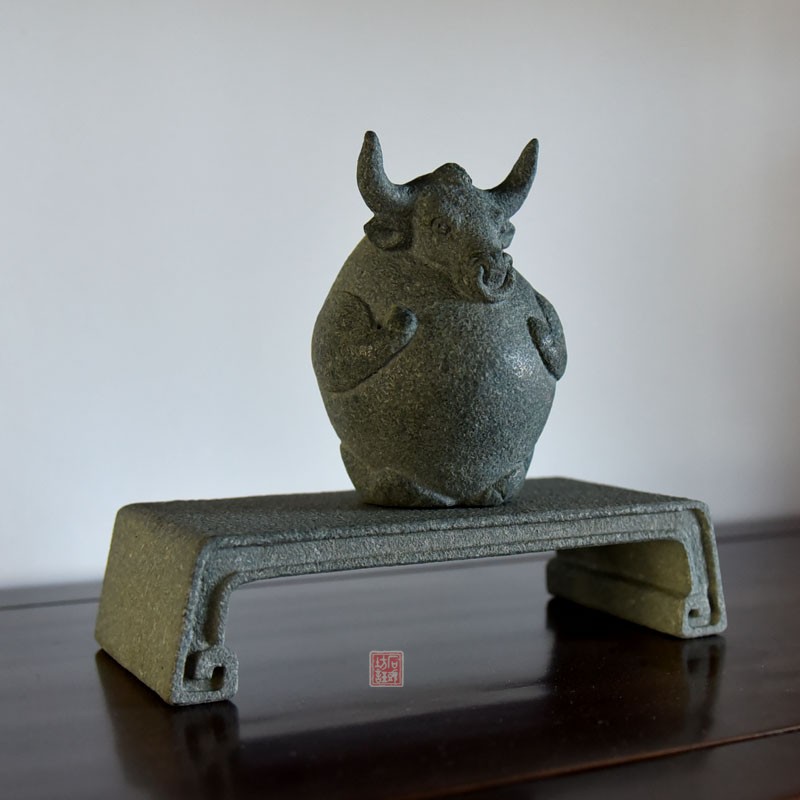 青石石雕头小石头小天然仿古回纹摆件中式家用石雕