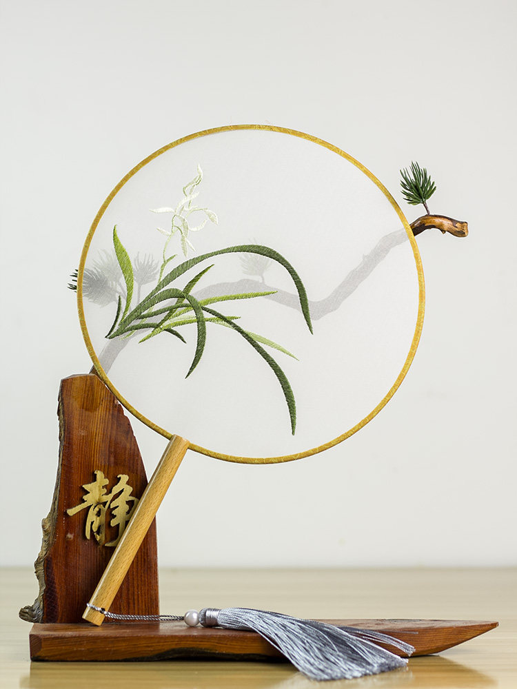 兰花刺绣团扇圆扇子绣花宫扇机绣成品汉服配饰工艺扇子礼品定制