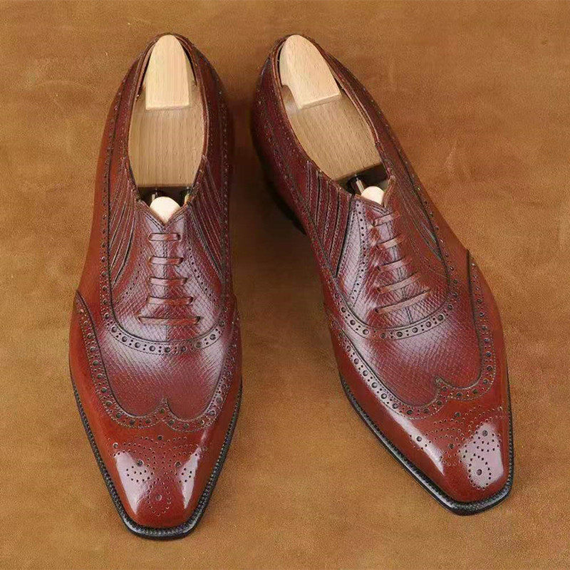 皮鞋lazyman布洛克燕尾雕花牛津方头透气男士手工正装皮鞋
