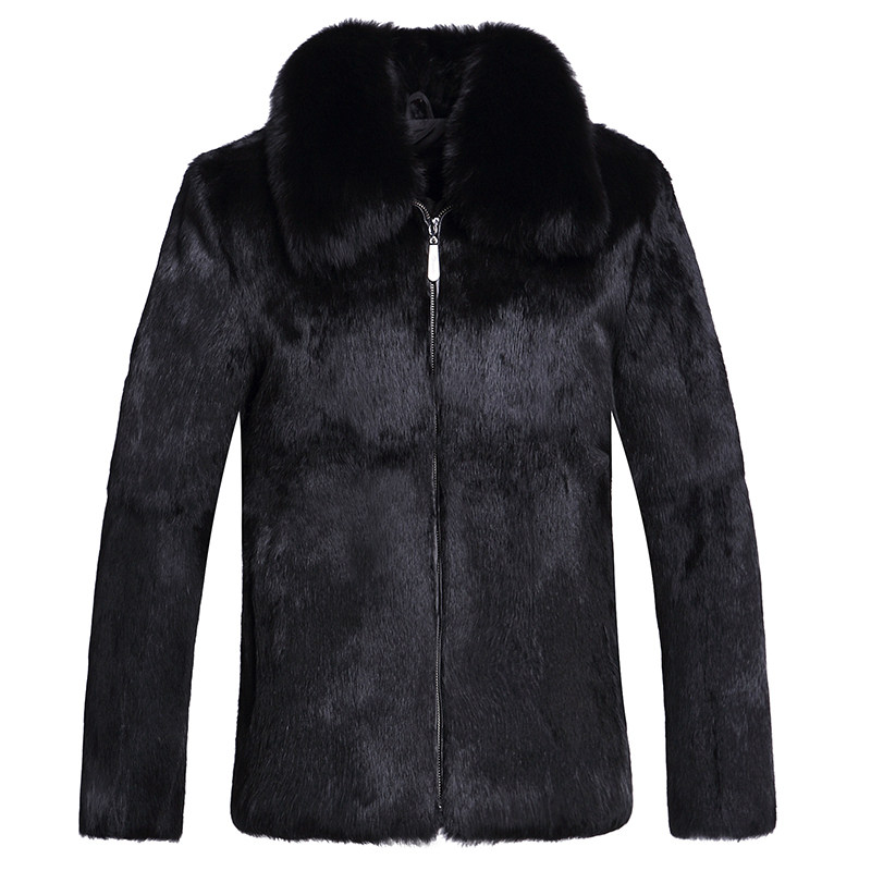 秋冬新款进口兔皮大衣男款整皮兔毛皮草外套连帽皮毛一体加厚大码