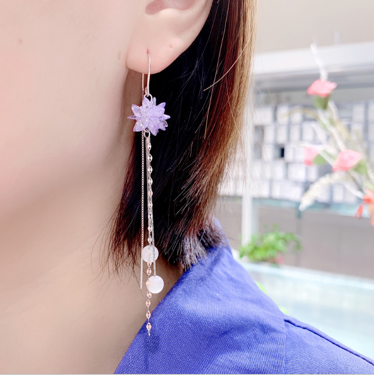 s925纯银紫色冰花流苏耳线日韩中长款显脸瘦耳环