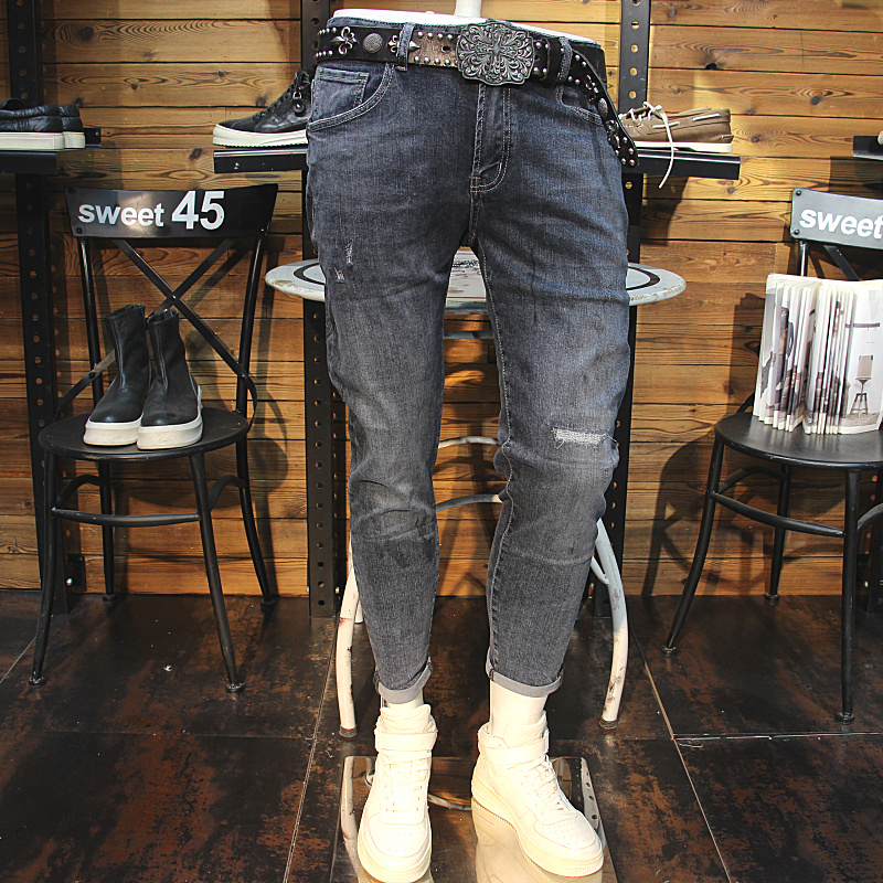 2021新款水洗蓝色牛仔裤修身小脚弹力破洞男牛仔裤男裤子长裤