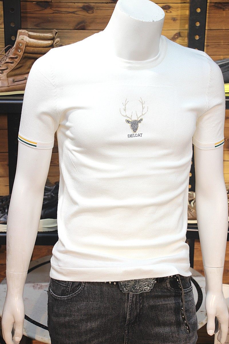 秋冬针织短袖简单男t恤鹿头烫钻百搭青年修身短袖圆领