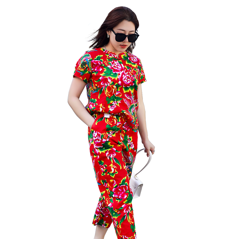 东北大花布衣服民族风生日派对闺蜜装夏短袖t恤碎花裤子女套装