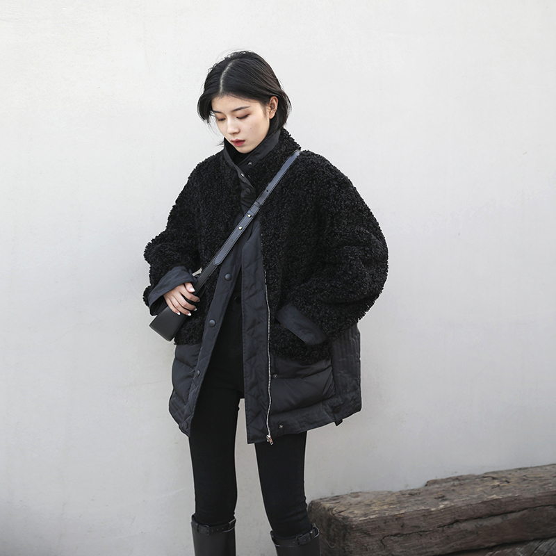 CHICVEN 冬季新款仿羊羔毛拼接棉服女宽松保暖棉外套中长款