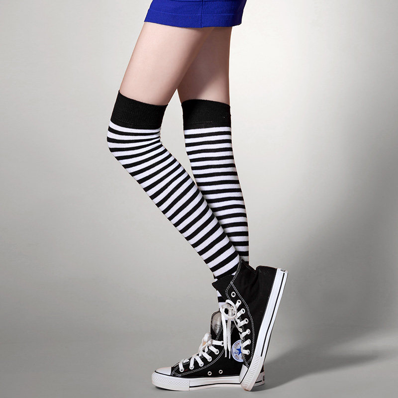 筒袜2双粉色袜子学生条纹甜美高筒袜装靴冬季长筒袜