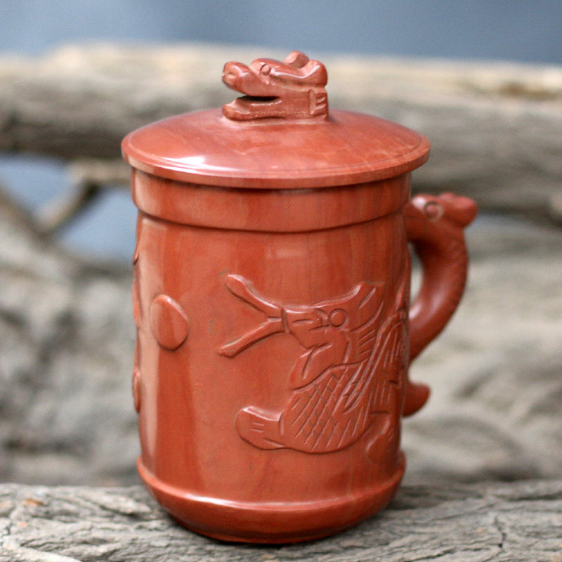 茶杯天然木鱼石石头杯子水杯家用男用泡茶带盖茶杯