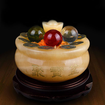 风水米黄黄玉五行聚宝盆摆件厨房卫生间西北北方摆件