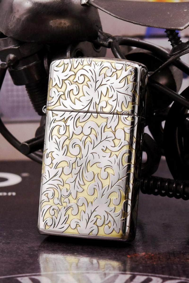 正品zippo繁花唐草纤巧窄机芝宝正版镀铬双色zippo