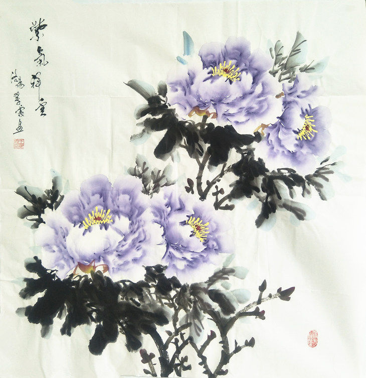 牡丹国画紫气东来作品花鸟画洛阳手绘字画斗方四尺国画