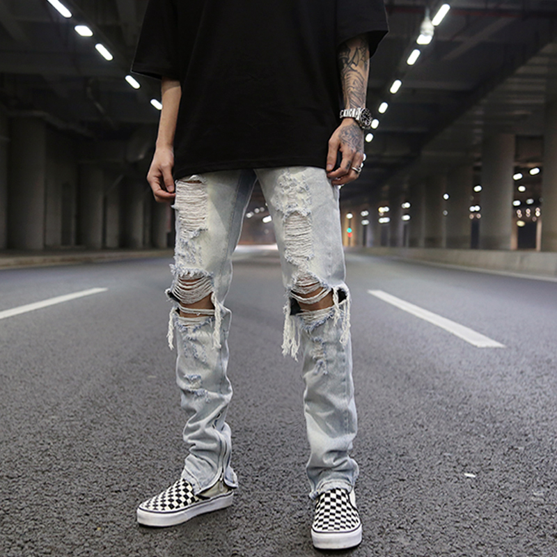欧美高街重度洗水泛白乞丐大破洞拉链修身牛仔裤 夏季浅色牛仔裤
