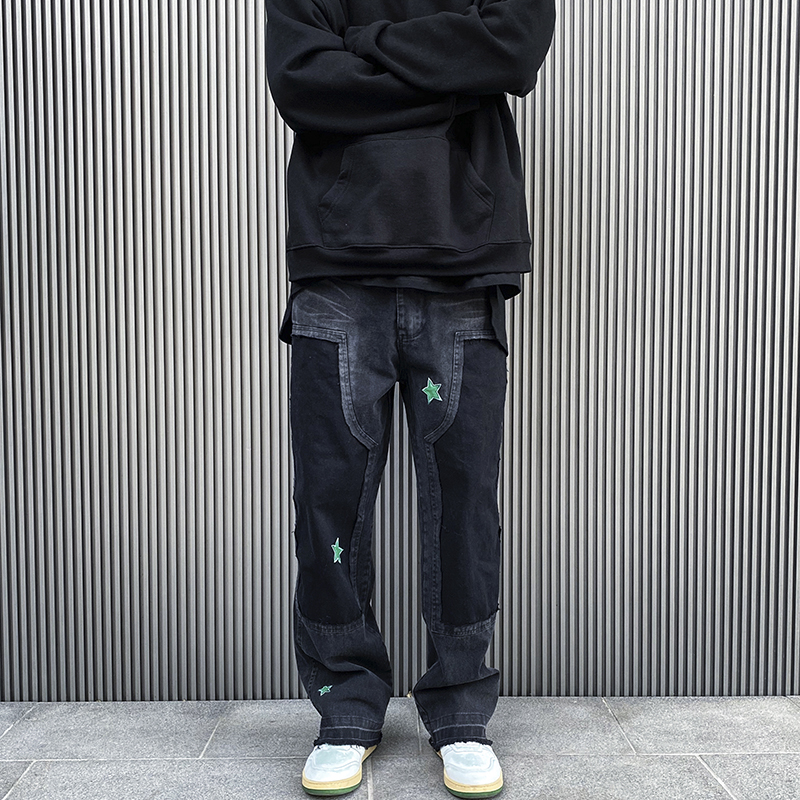 vibe风复古伐木工补丁直筒堆积工装裤嘻哈街头星星刺绣牛仔裤潮男